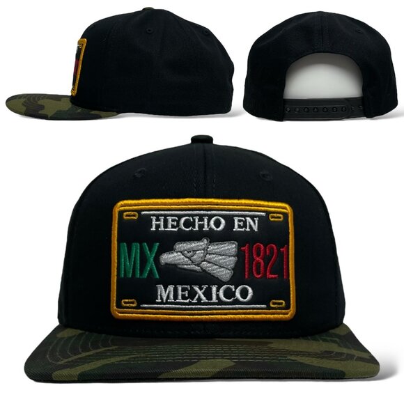 Hecho en Mexico Eagle Embroidered Snapback Cap, Flat Brim Black/Camo - Picture 1 of 7